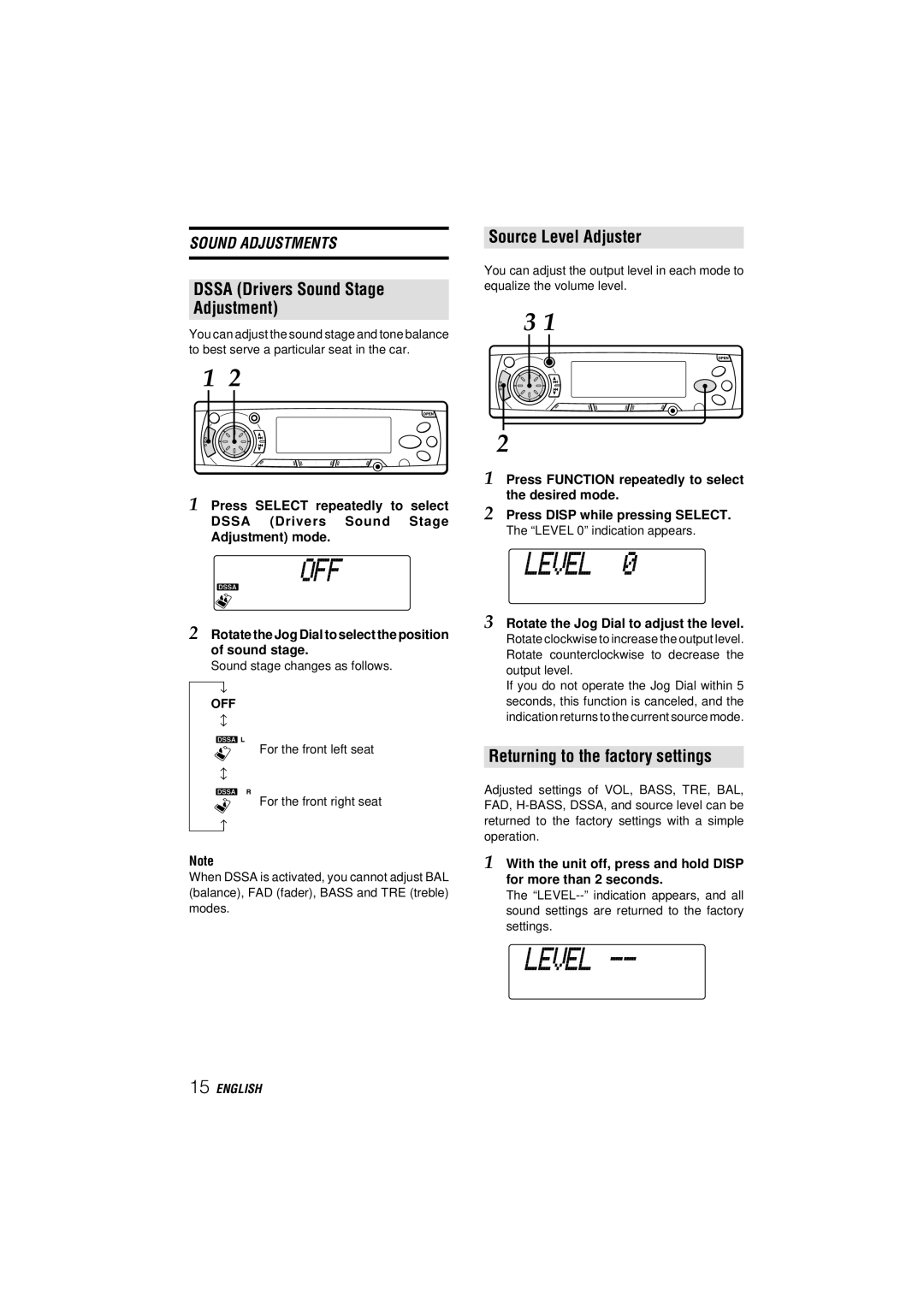 Aiwa CDC-MP3 YU Dssa Drivers Sound Stage Adjustment, Source Level Adjuster, Returning to the factory settings 