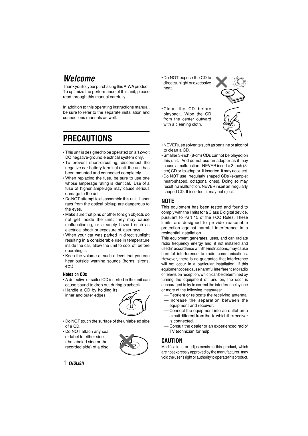 Aiwa CDC-MP3 YU operating instructions Welcome, Precautions 