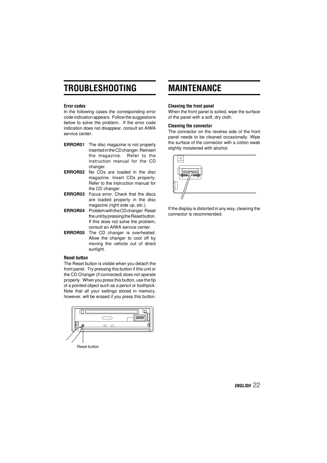Aiwa CDC-MP3 YU Troubleshooting Maintenance, Error codes, Reset button, Cleaning the front panel, Cleaning the connector 