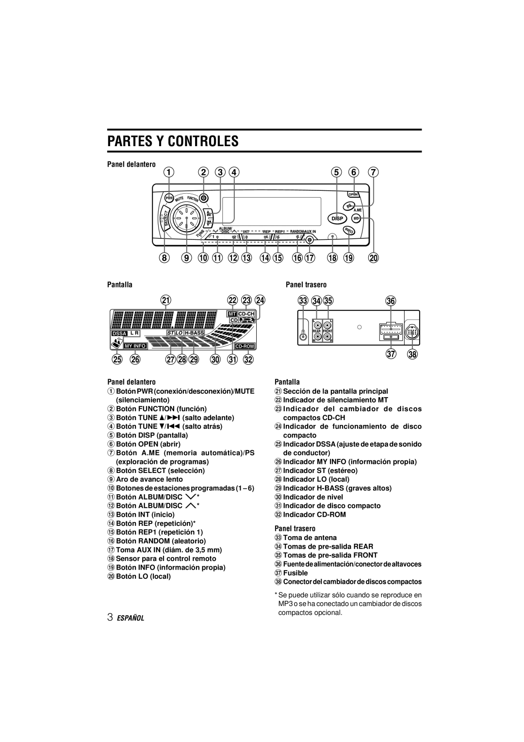 Aiwa CDC-MP3 YU operating instructions Partes Y Controles, Panel delantero Pantalla, Compactos opcional 