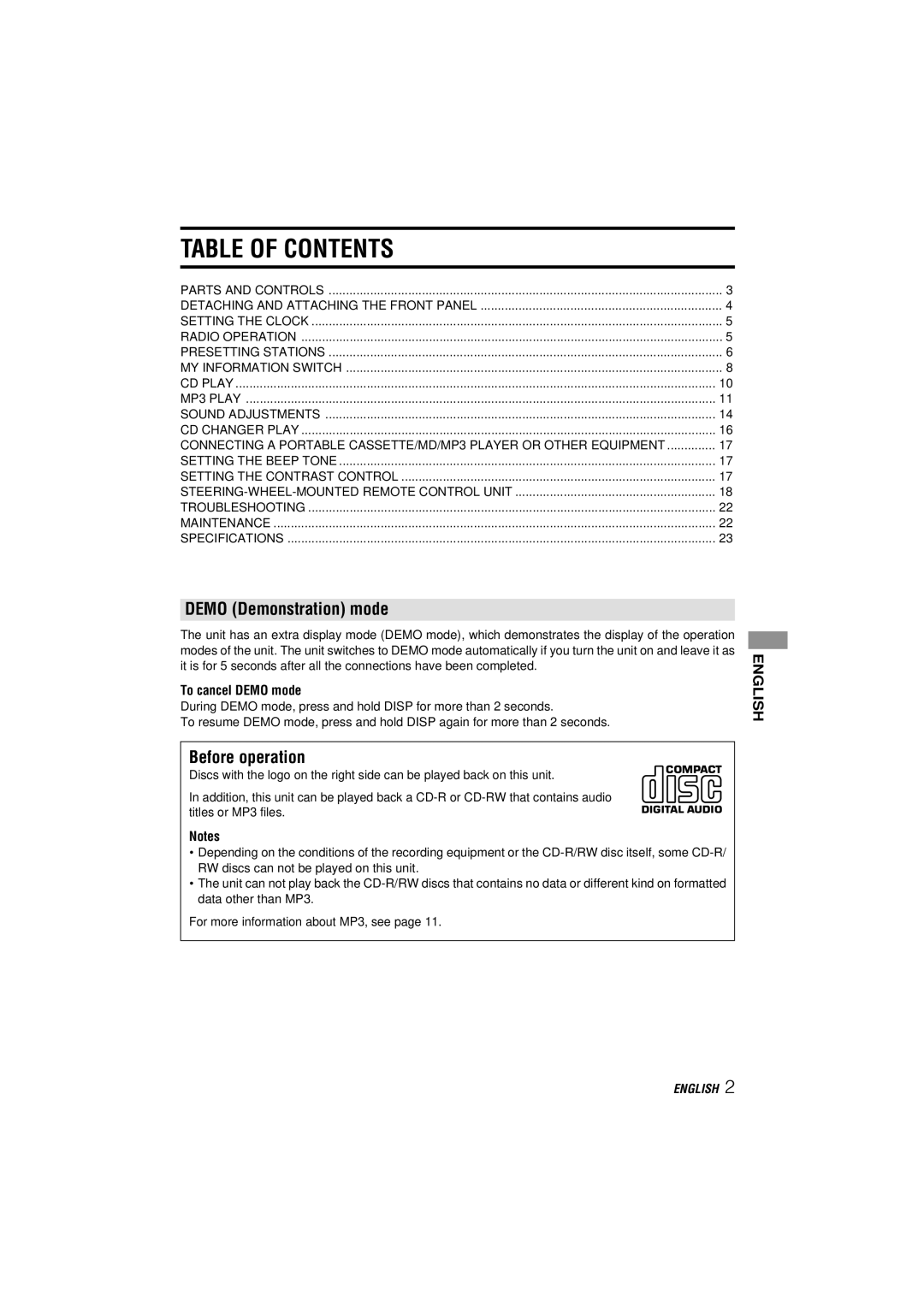 Aiwa CDC-MP3 YU operating instructions Table of Contents 