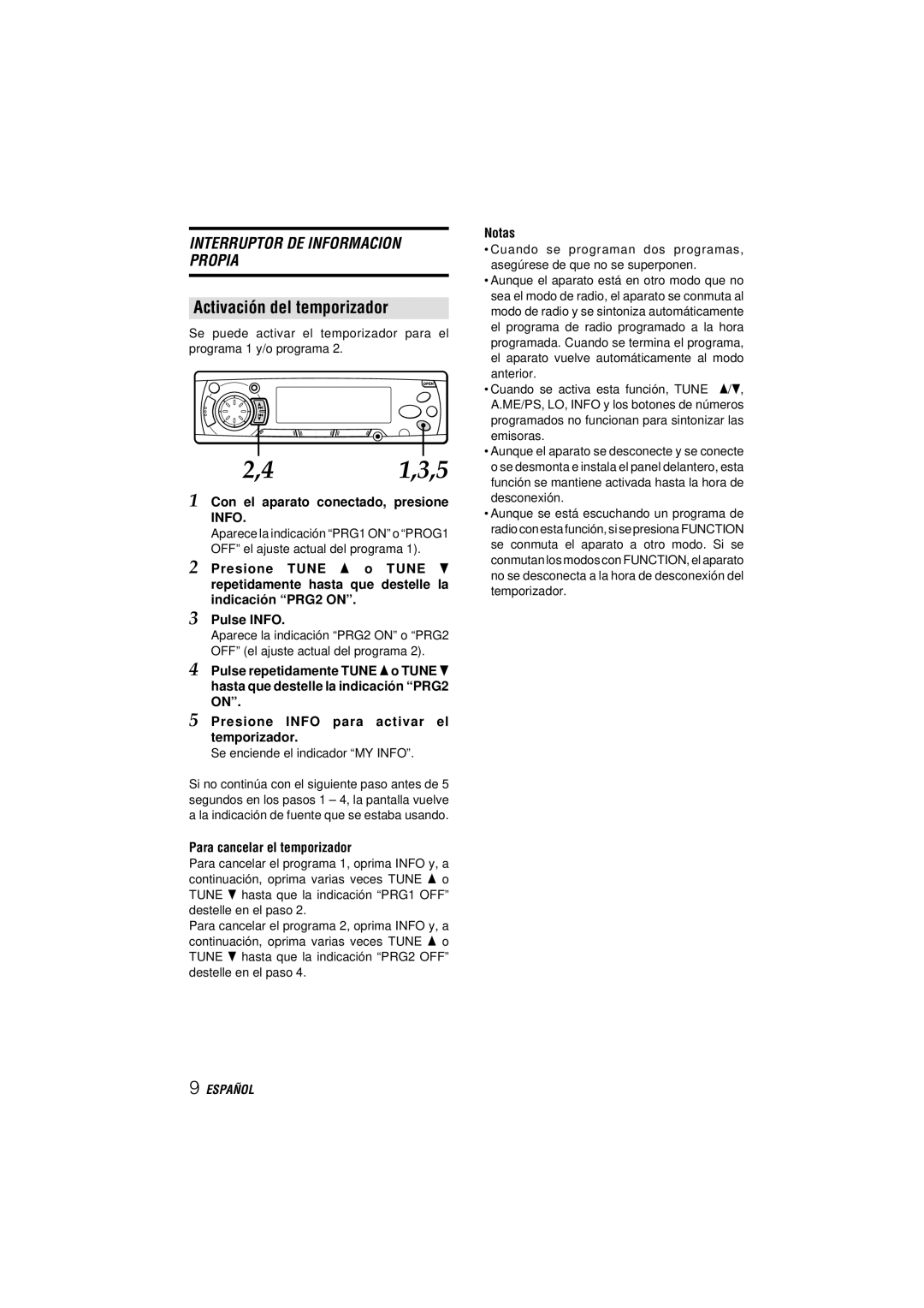 Aiwa CDC-MP3 YU Activación del temporizador, Con el aparato conectado, presione Info, Para cancelar el temporizador 