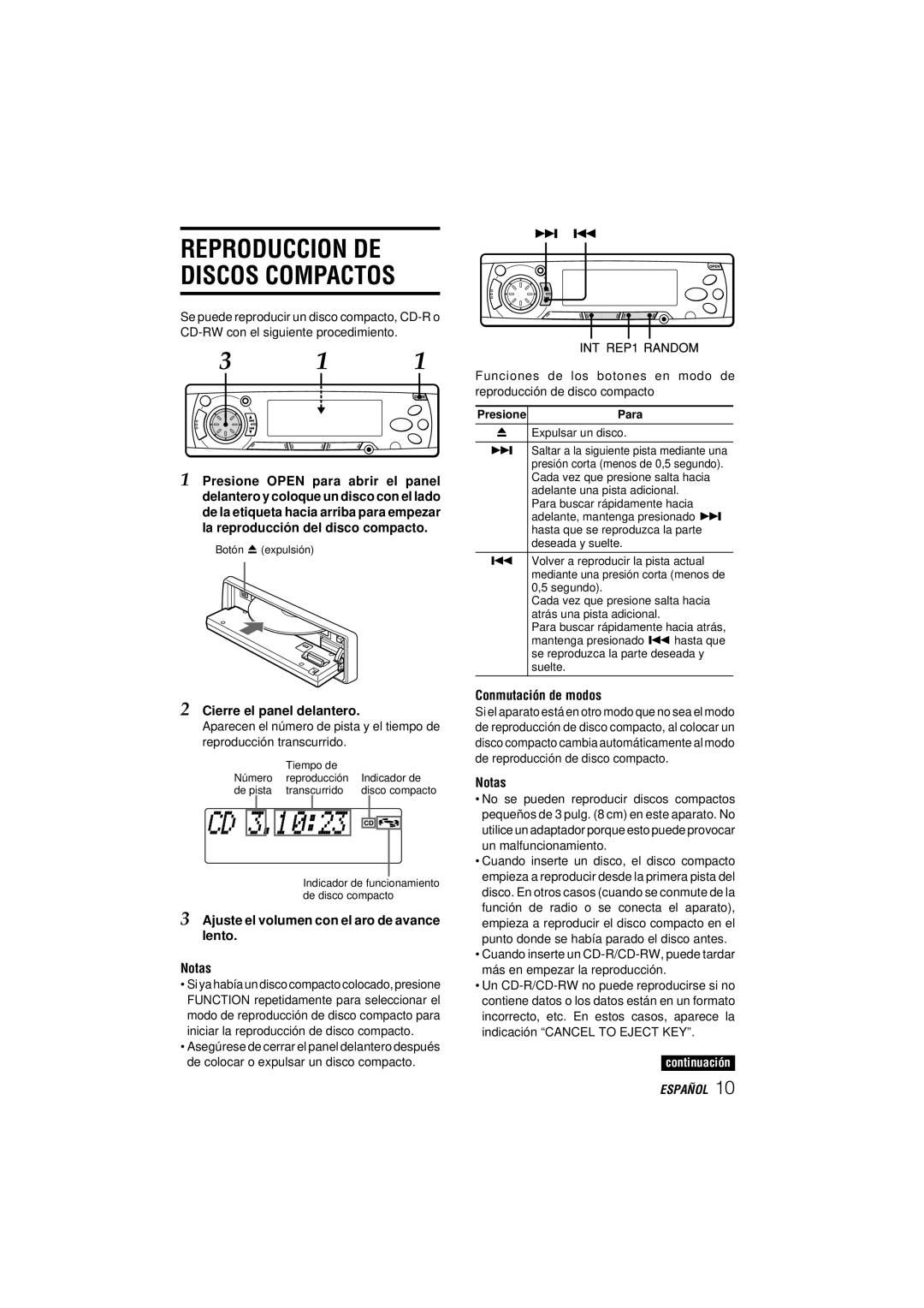 Aiwa CDC-MP3 YU Cierre el panel delantero, Ajuste el volumen con el aro de avance lento Notas, Conmutación de modos 