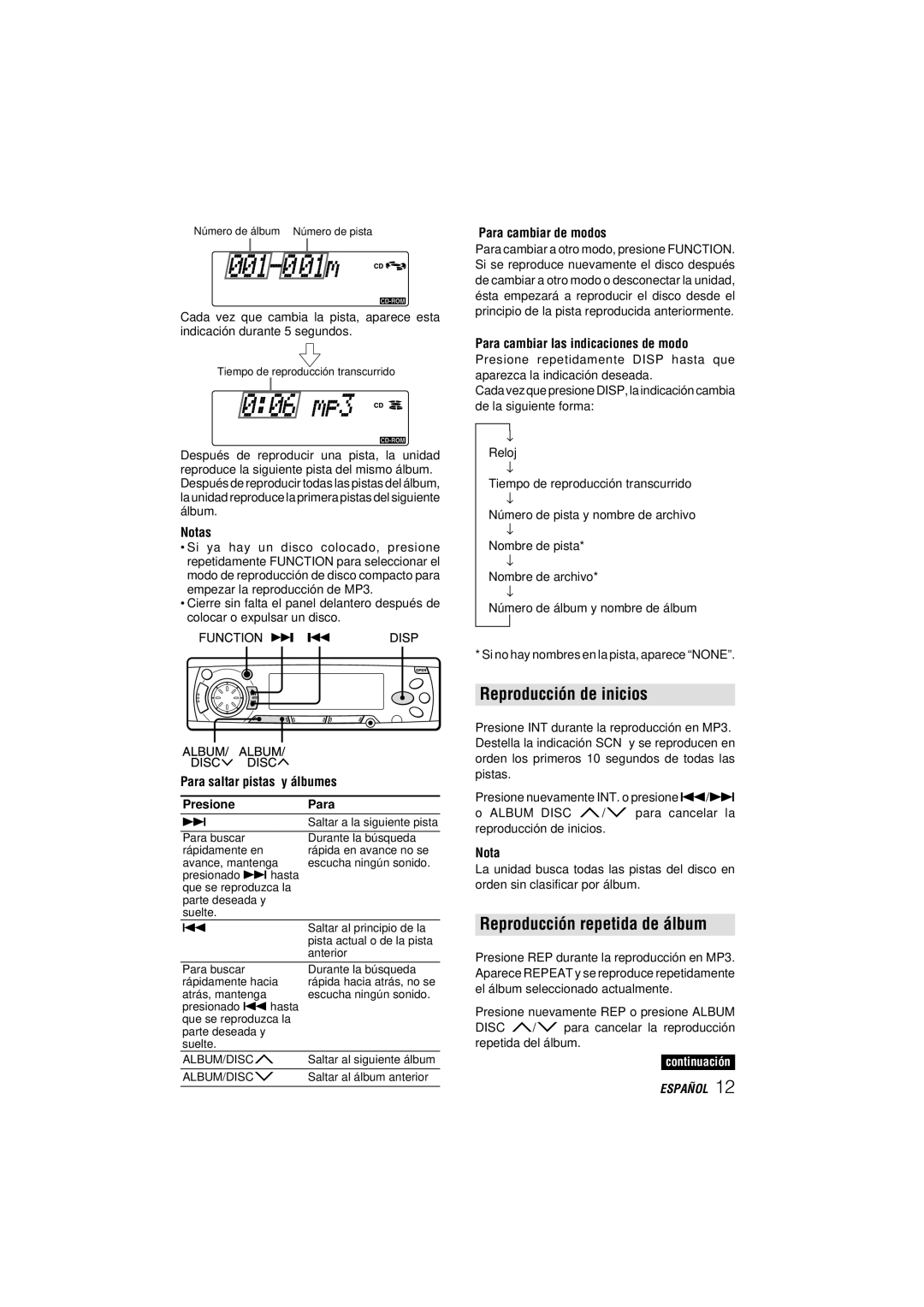 Aiwa CDC-MP3 YU operating instructions Reproducción repetida de álbum, Álbumes, Presione Para, Para cambiar de modos 