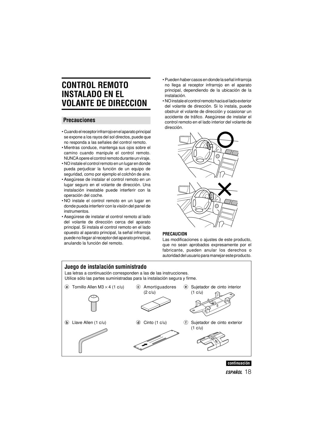 Aiwa CDC-MP3 YU operating instructions Control Remoto, Precauciones, Juego de instalación suministrado 