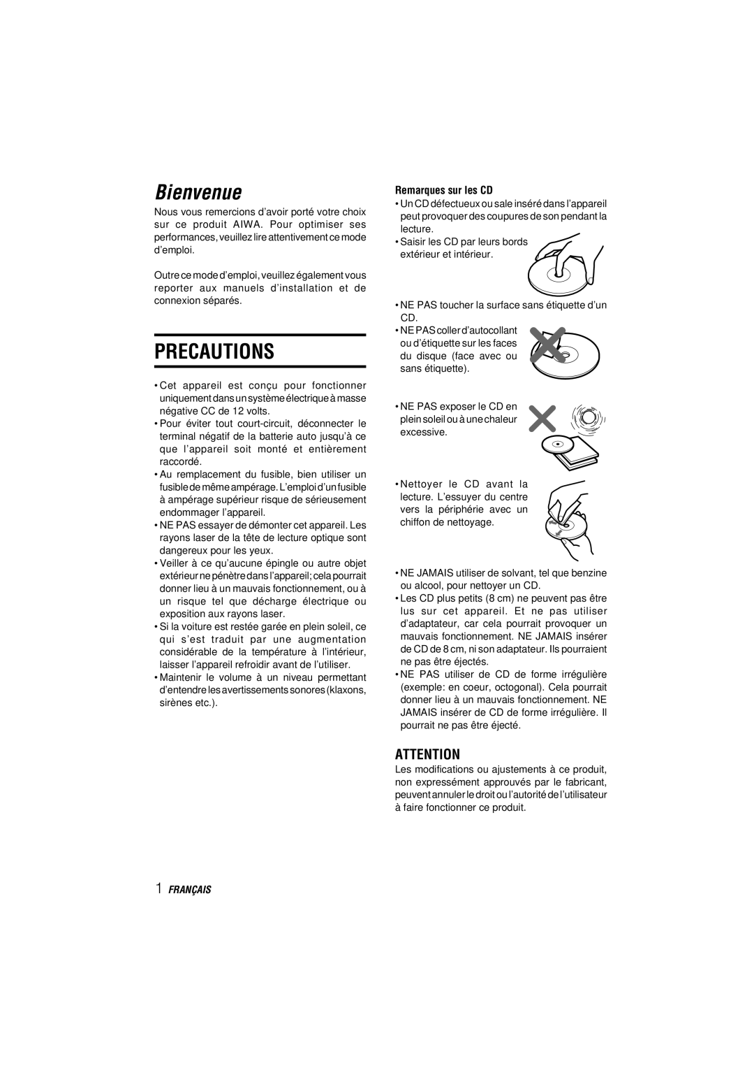 Aiwa CDC-MP3 YU operating instructions Bienvenue, Remarques sur les CD 