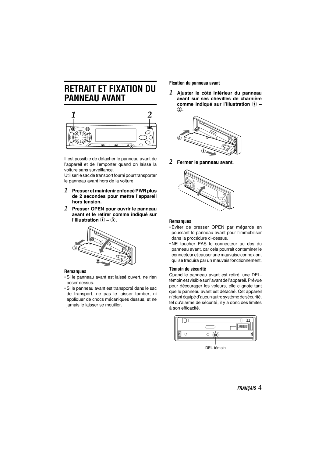 Aiwa CDC-MP3 YU operating instructions Retrait ET Fixation DU Panneau Avant, Témoin de sécurité 