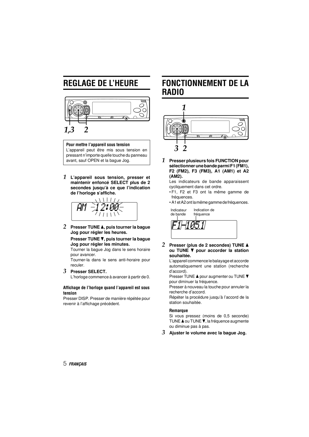 Aiwa CDC-MP3 YU Pour mettre l’appareil sous tension, Presser Select, Remarque, Ajuster le volume avec la bague Jog 