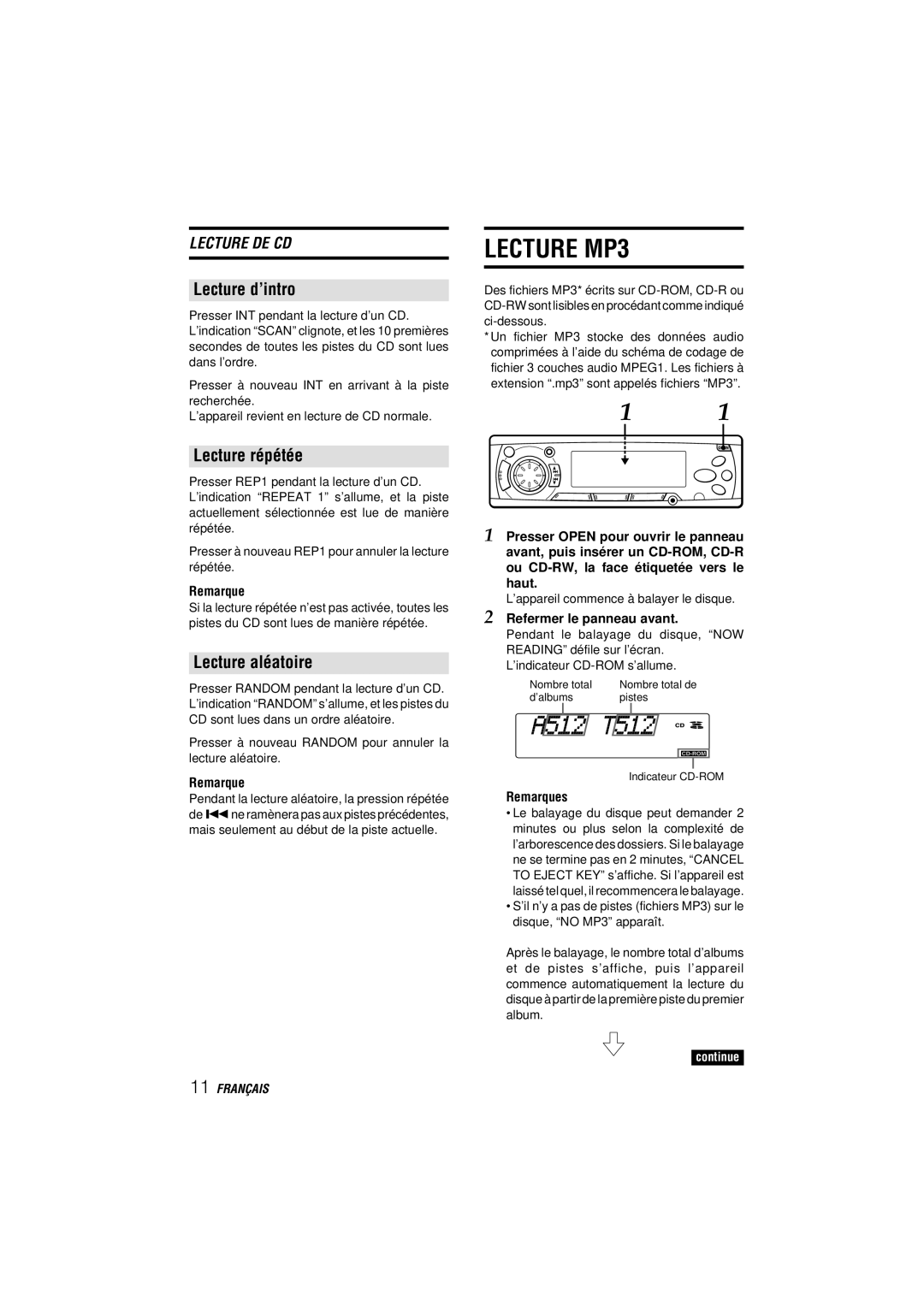 Aiwa CDC-MP3 YU Lecture MP3, Lecture d’intro, Lecture répétée, Lecture aléatoire, Refermer le panneau avant 