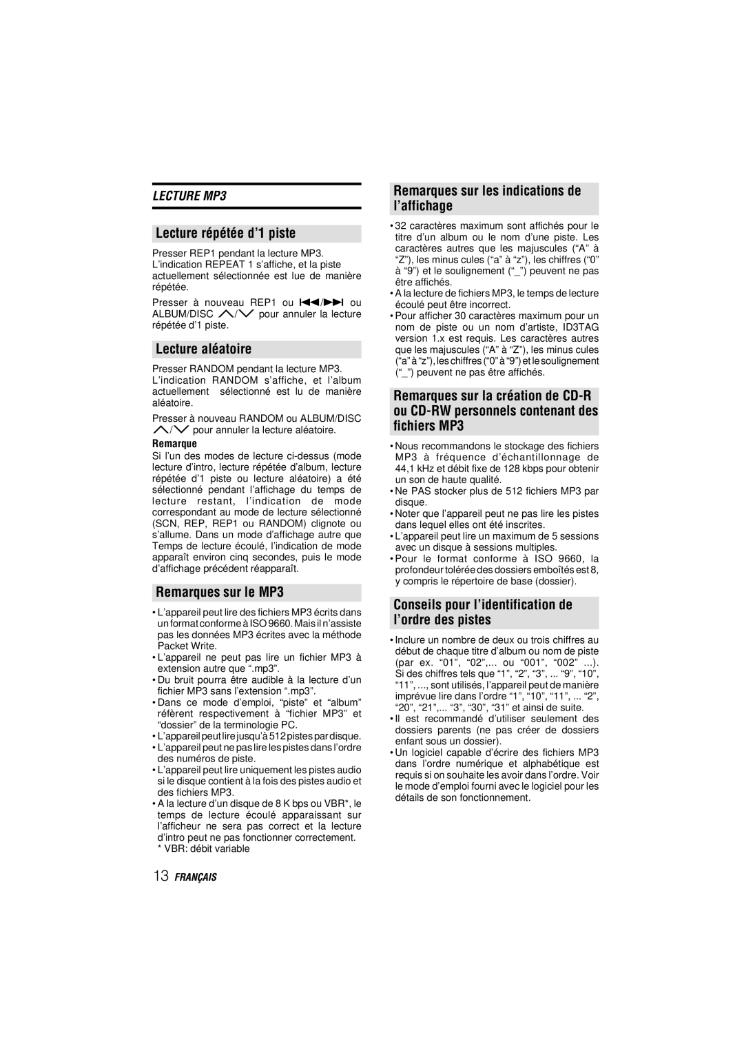 Aiwa CDC-MP3 YU Lecture répétée d’1 piste, Remarques sur le MP3, Remarques sur les indications de ’affichage 