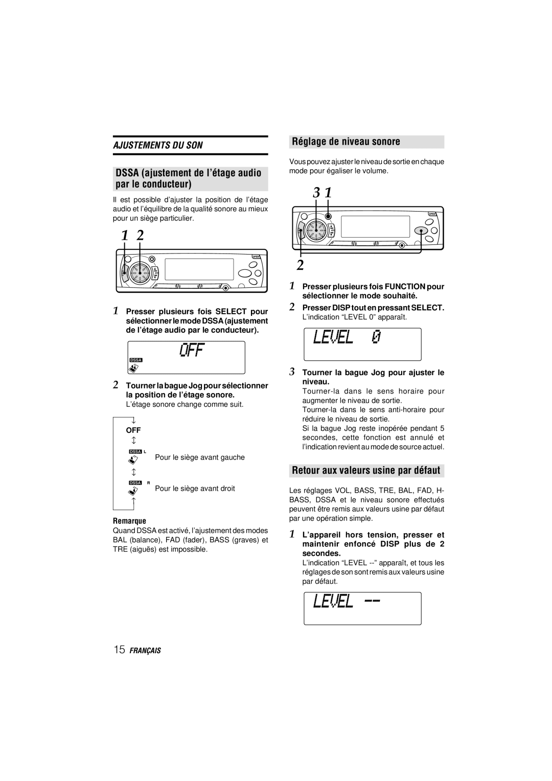 Aiwa CDC-MP3 YU operating instructions Dssa ajustement de l’étage audio Par le conducteur, Réglage de niveau sonore 