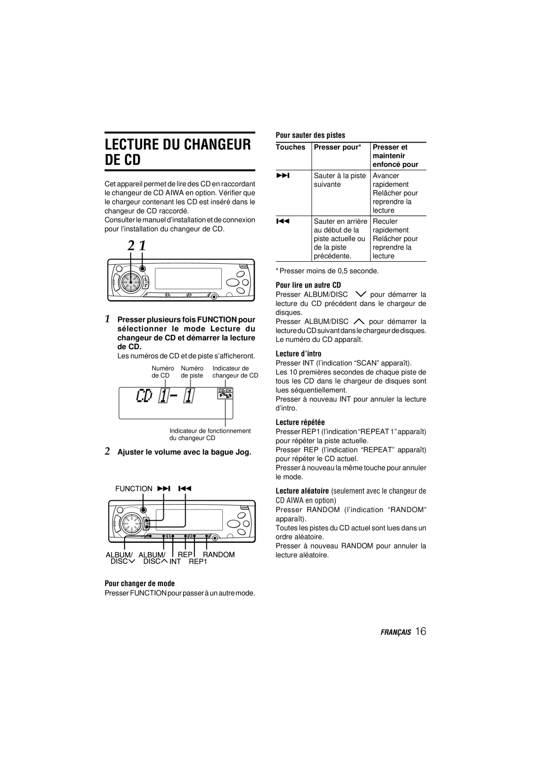 Aiwa CDC-MP3 YU Lecture DU Changeur DE CD, Ajuster le volume avec la bague Jog Pour changer de mode, Pour lire un autre CD 