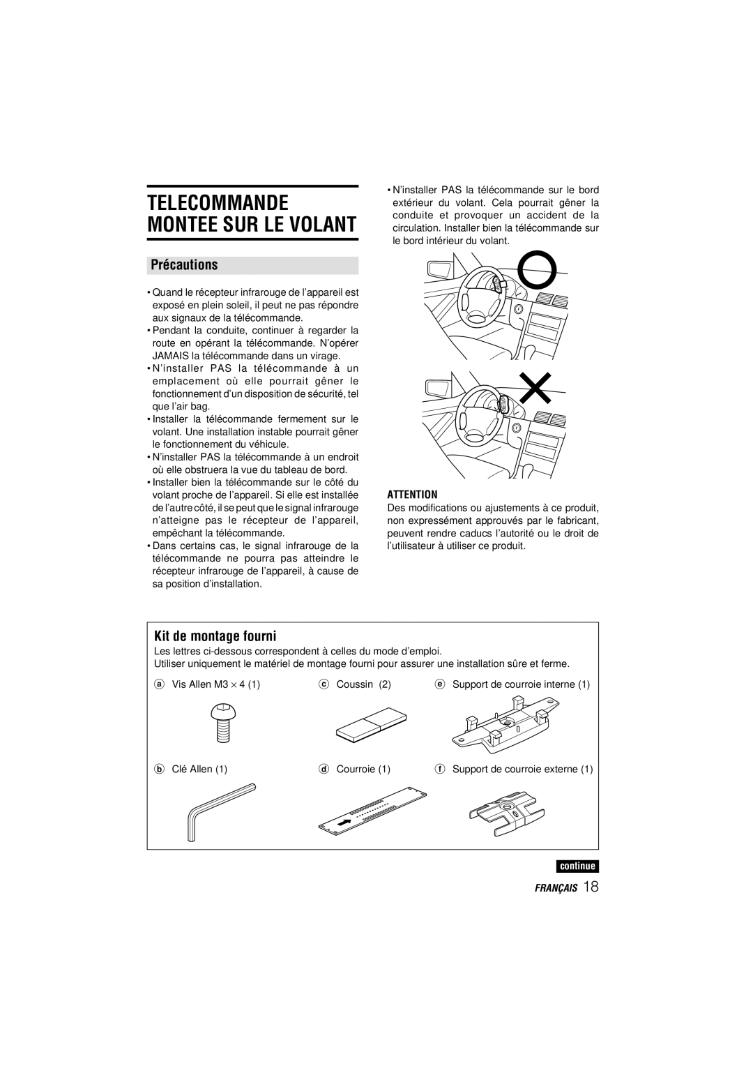 Aiwa CDC-MP3 YU operating instructions Précautions, Kit de montage fourni 