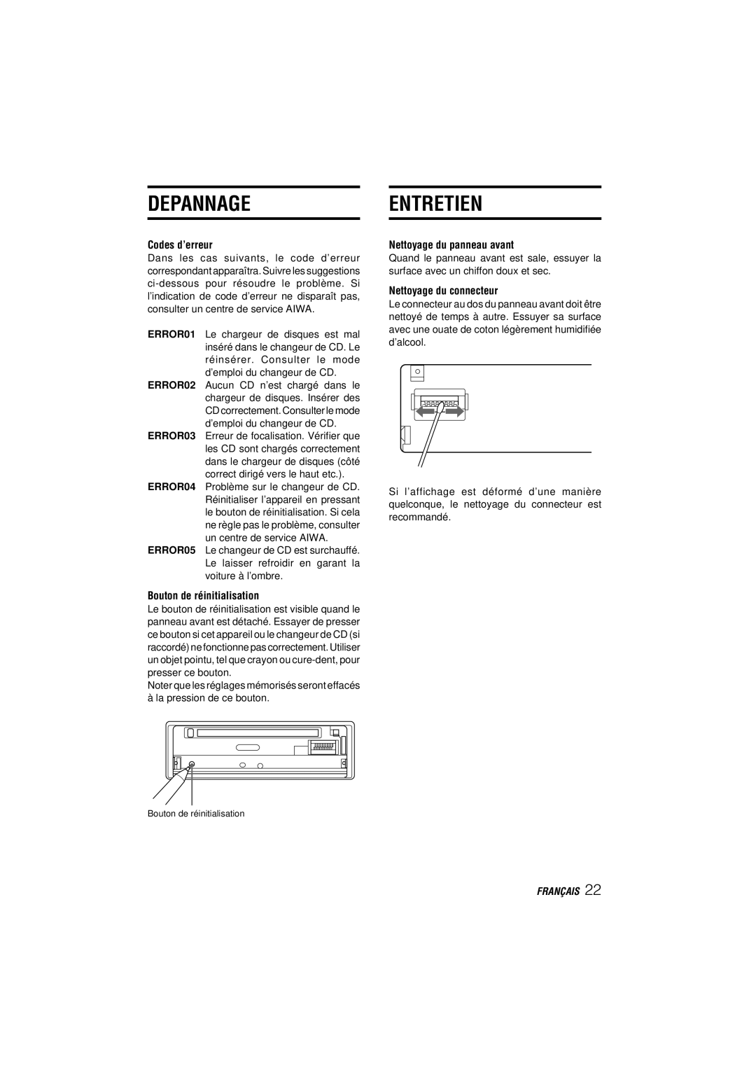 Aiwa CDC-MP3 YU Depannageentretien, Codes d’erreur, Bouton de réinitialisation, Nettoyage du panneau avant 