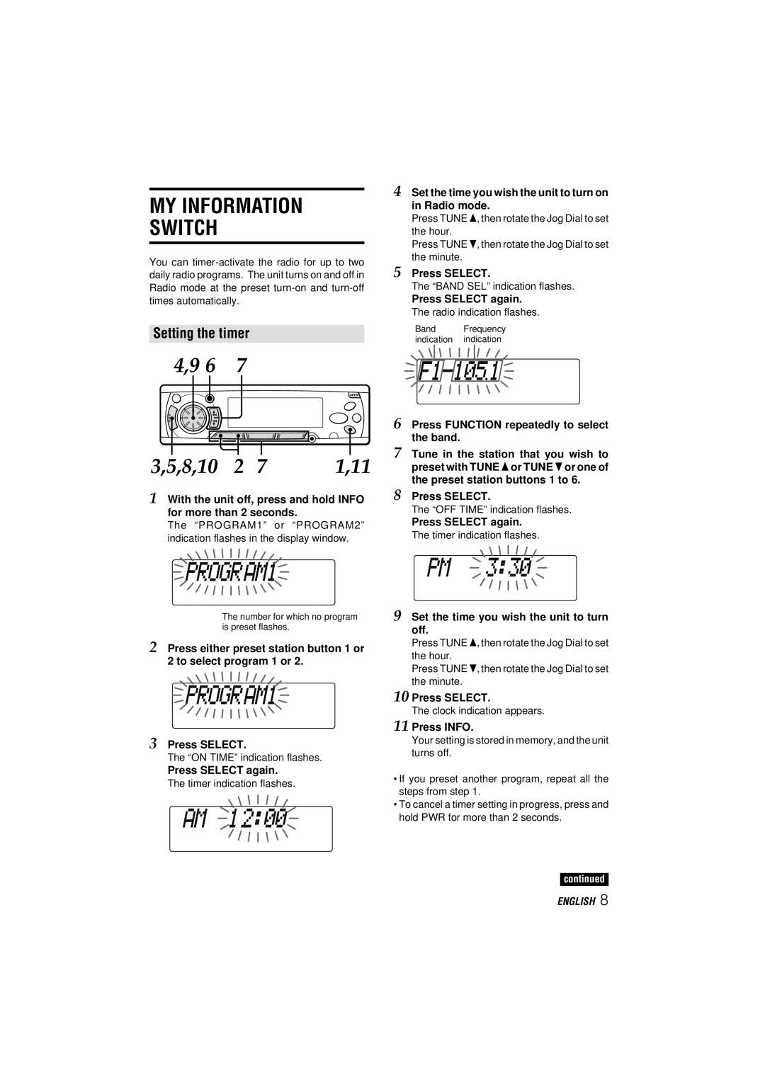 Aiwa CDC-MP3 YU operating instructions MY Information Switch, Setting the timer 