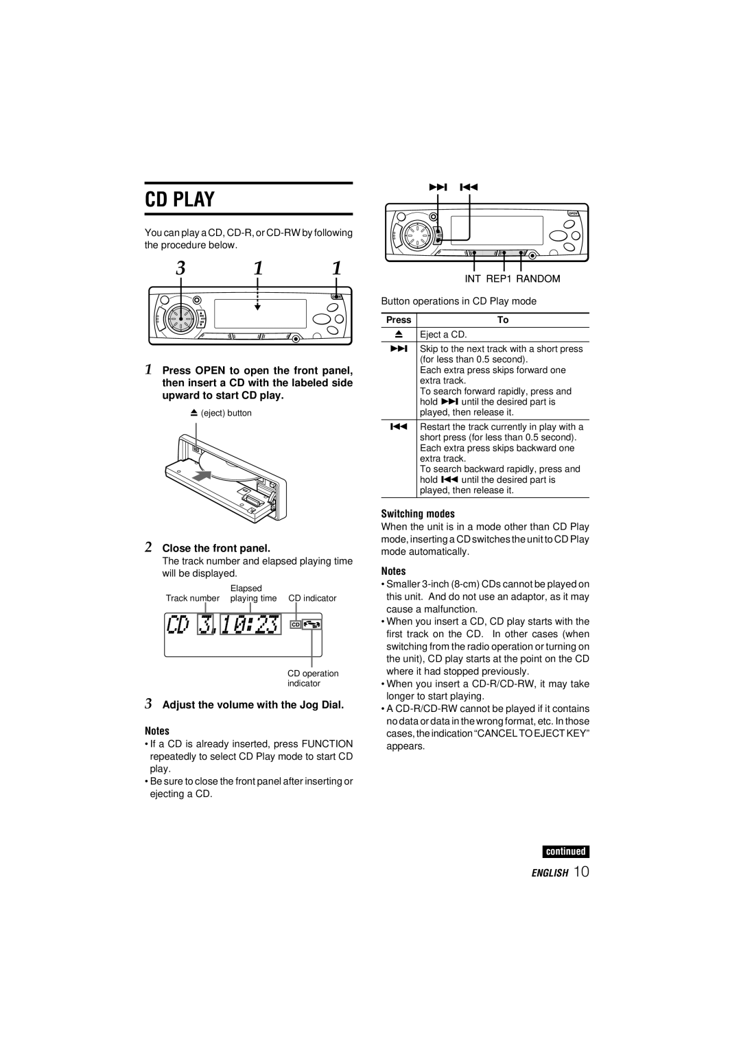 Aiwa CDC-MP3 manual CD Play, Switching modes 