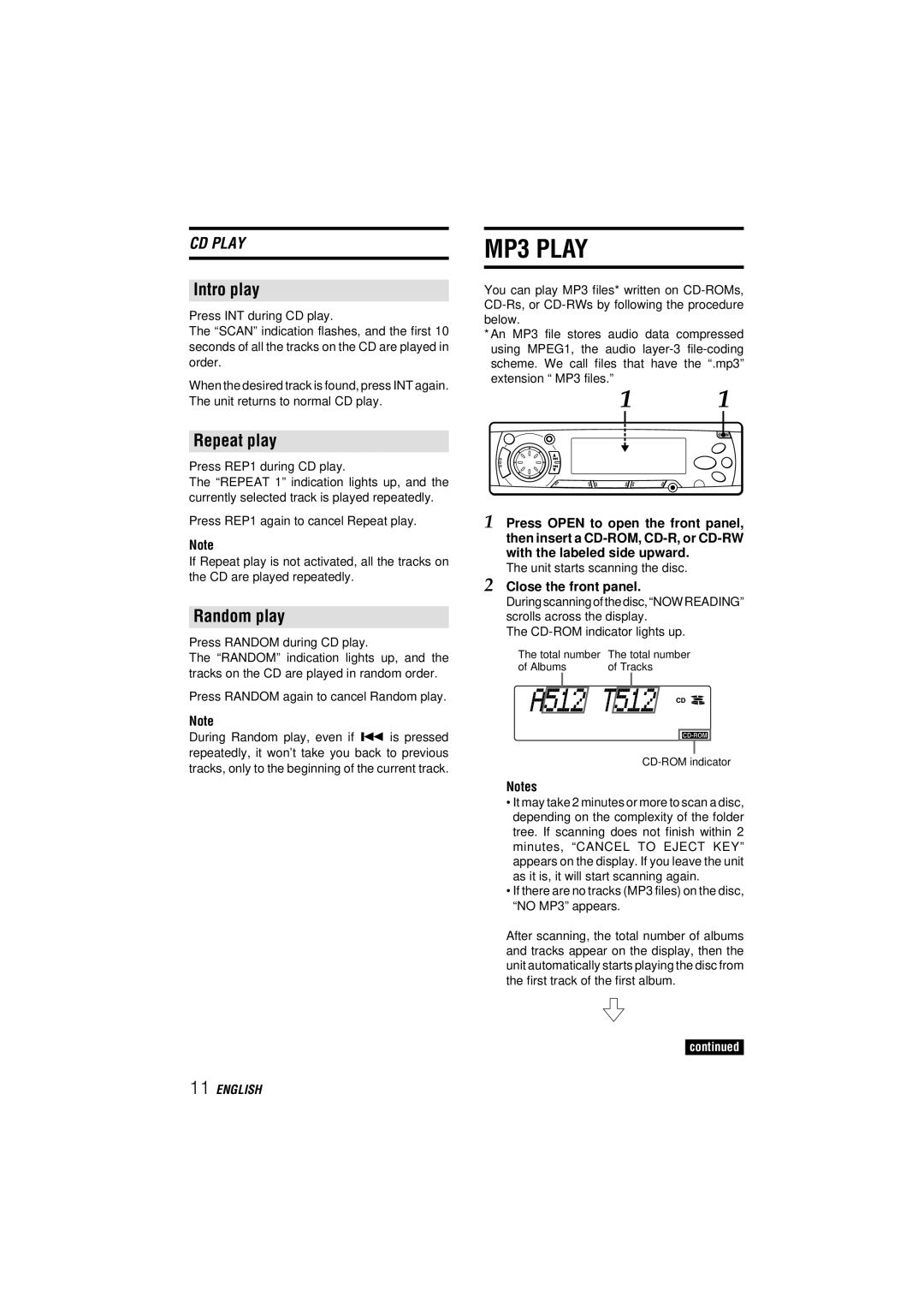 Aiwa CDC-MP3 manual MP3 Play, Intro play, Repeat play, Random play 