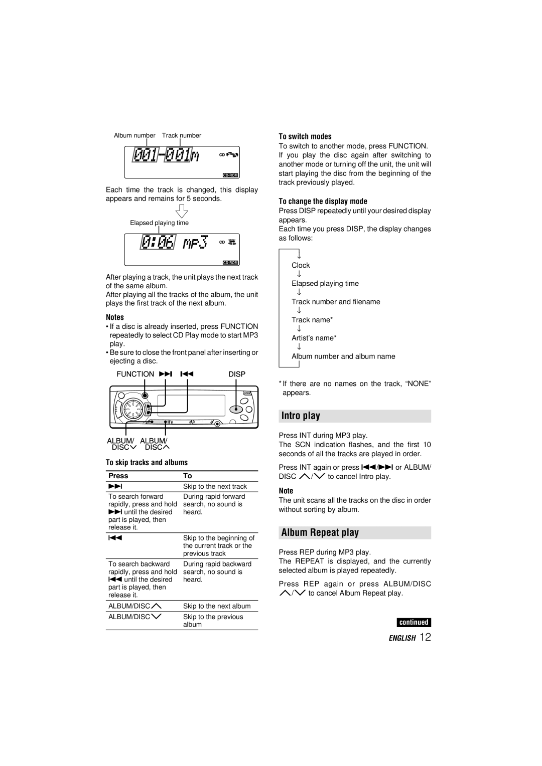 Aiwa CDC-MP3 manual Album Repeat play, To skip tracks and albums Press, To switch modes, To change the display mode 