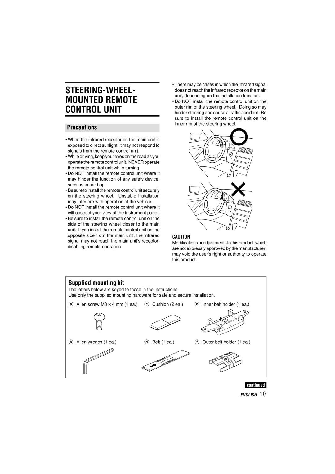 Aiwa CDC-MP3 manual Precautions, Supplied mounting kit 