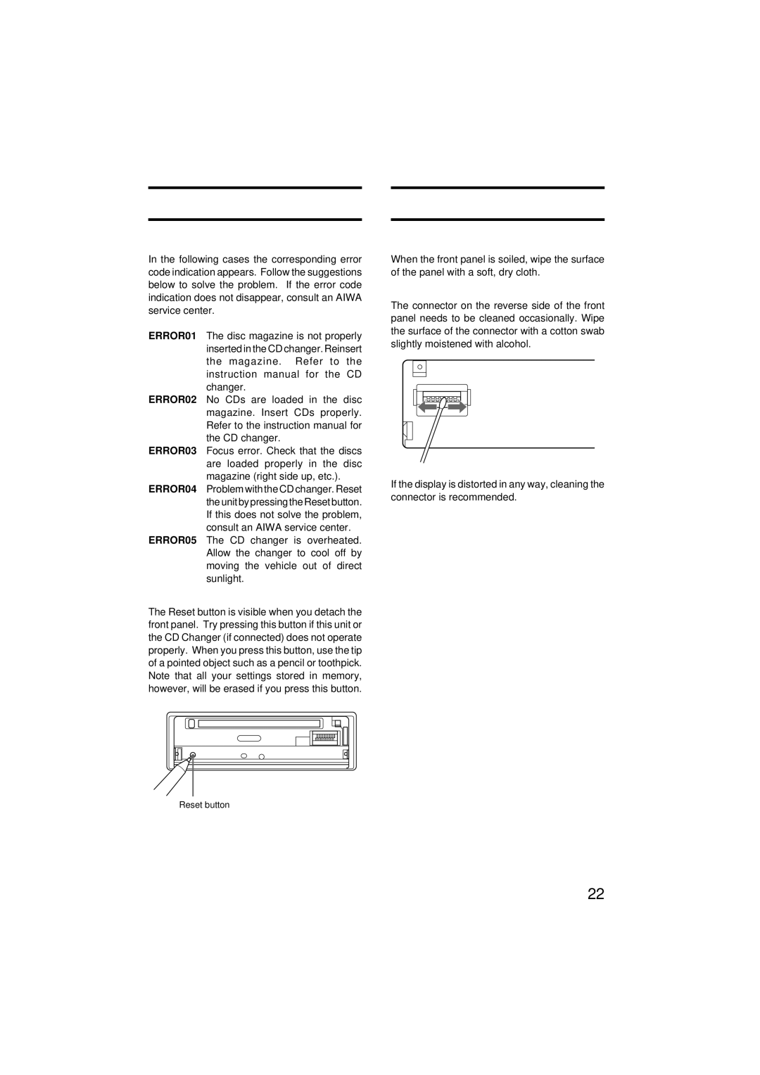 Aiwa CDC-MP3 Troubleshooting Maintenance, Error codes, Reset button, Cleaning the front panel, Cleaning the connector 