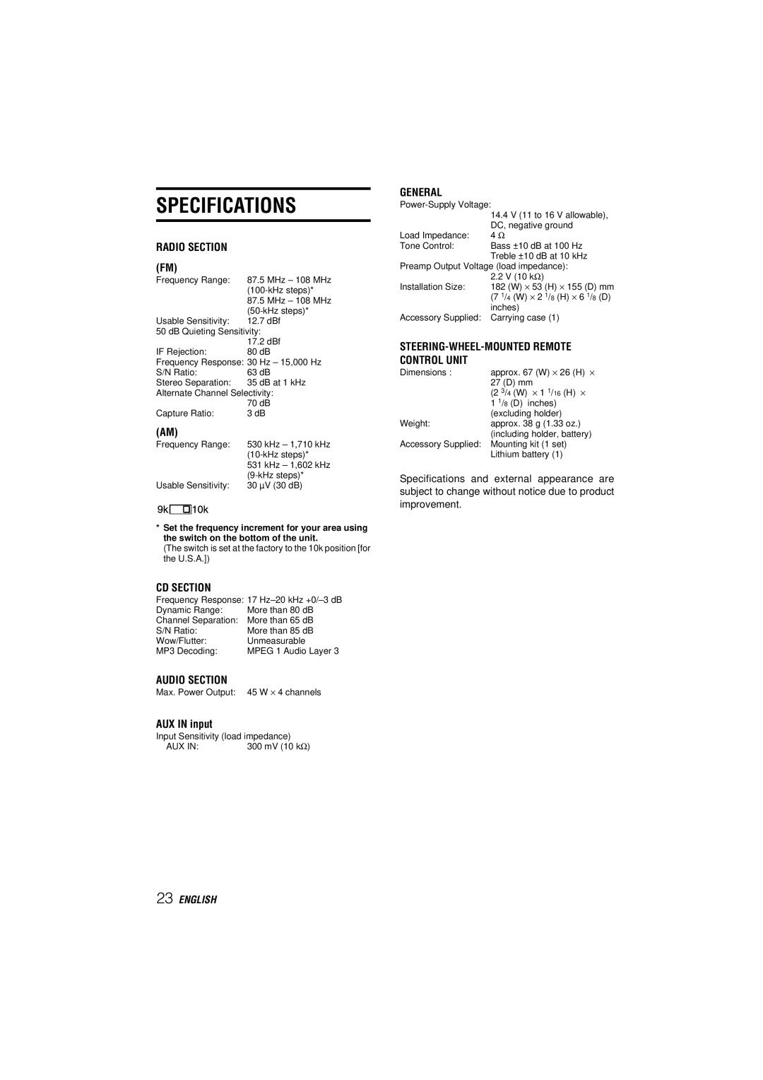 Aiwa CDC-MP3 manual Specifications, AUX in input 