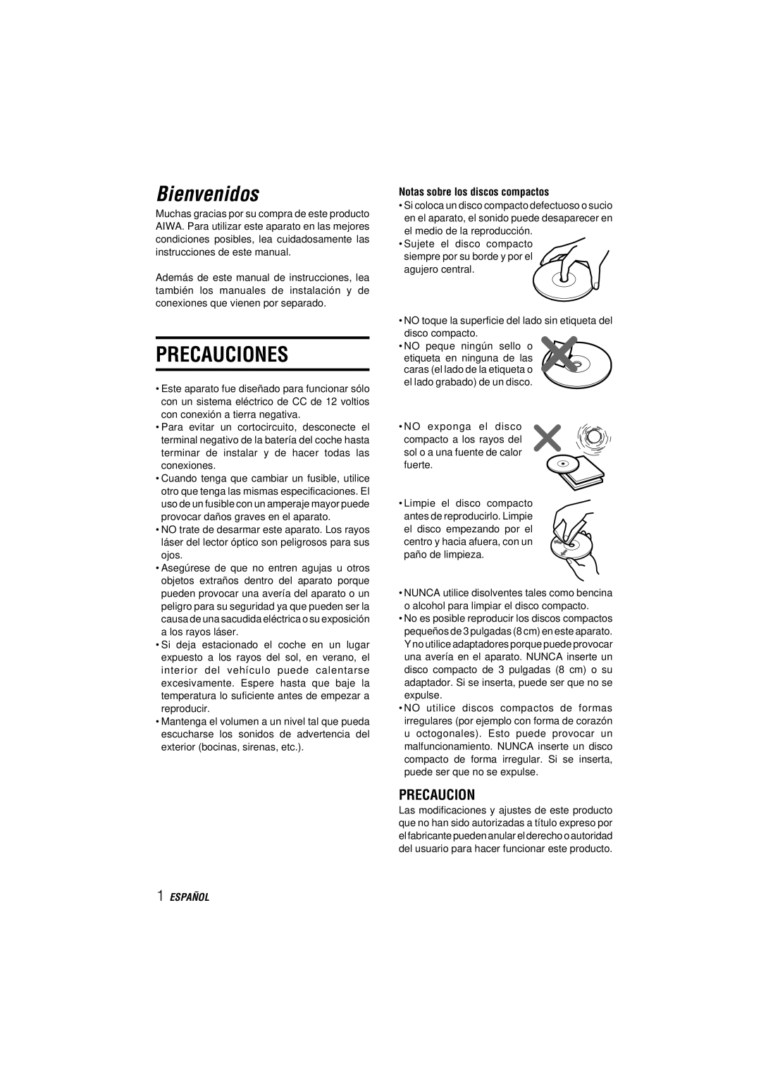 Aiwa CDC-MP3 manual Precauciones, Notas sobre los discos compactos 