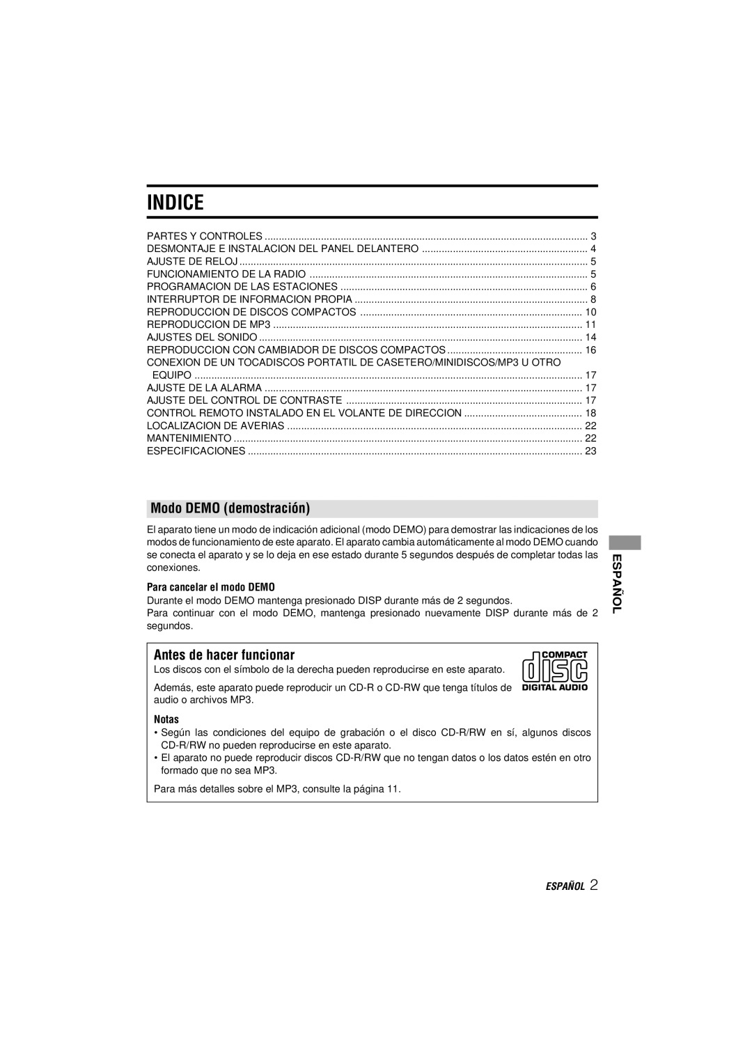 Aiwa CDC-MP3 manual Indice, Modo Demo demostración, Antes de hacer funcionar, Para cancelar el modo Demo, Notas 