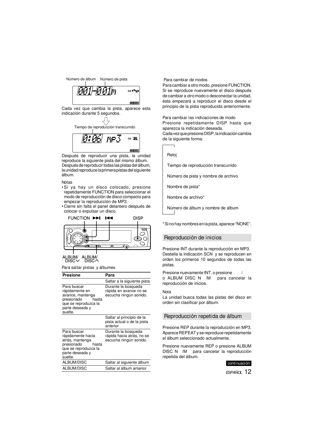 Aiwa CDC-MP3 manual Reproducción repetida de álbum, Álbumes, Presione Para, Para cambiar de modos 