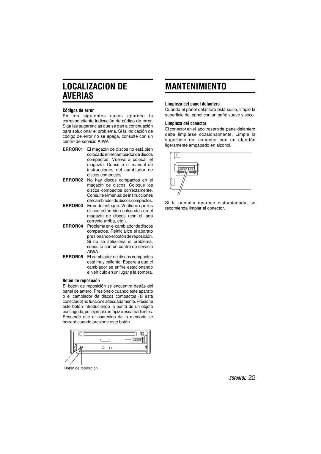 Aiwa CDC-MP3 manual Localizacion DE Averias, Mantenimiento 