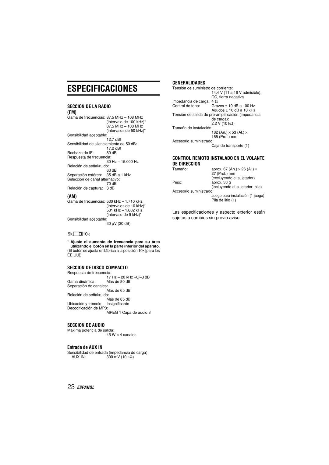 Aiwa CDC-MP3 manual Especificaciones, Entrada de AUX 