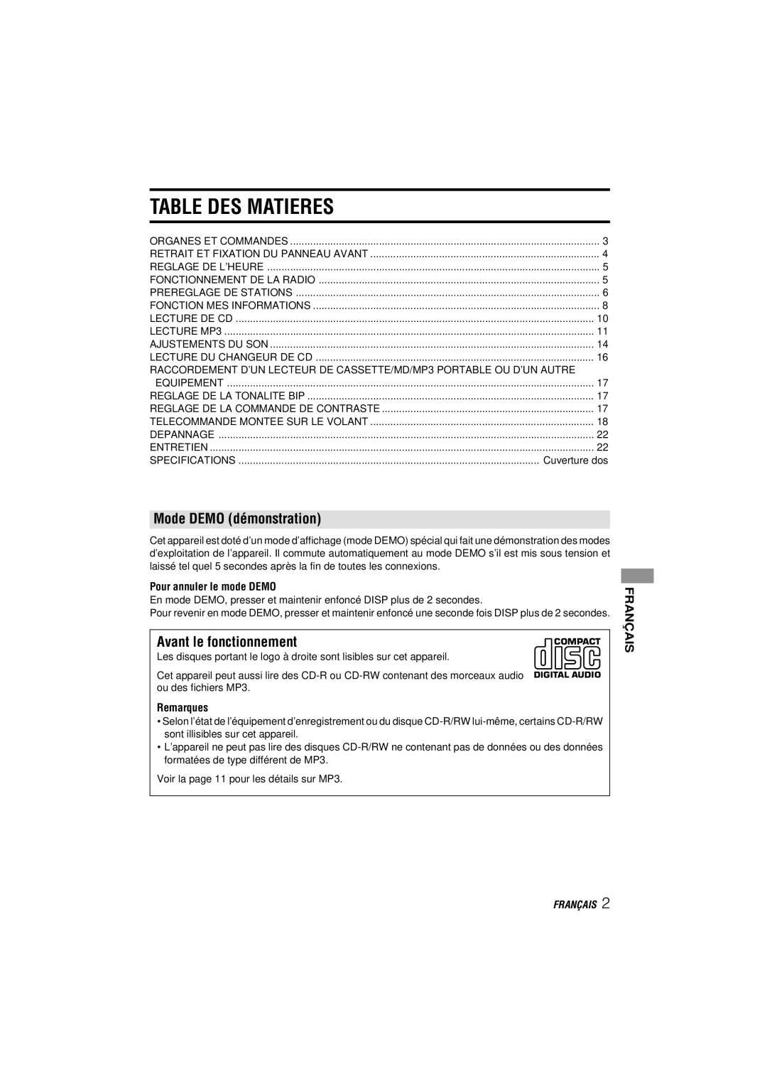 Aiwa CDC-MP3 Table DES Matieres, Mode Demo démonstration, Avant le fonctionnement, Pour annuler le mode Demo, Remarques 