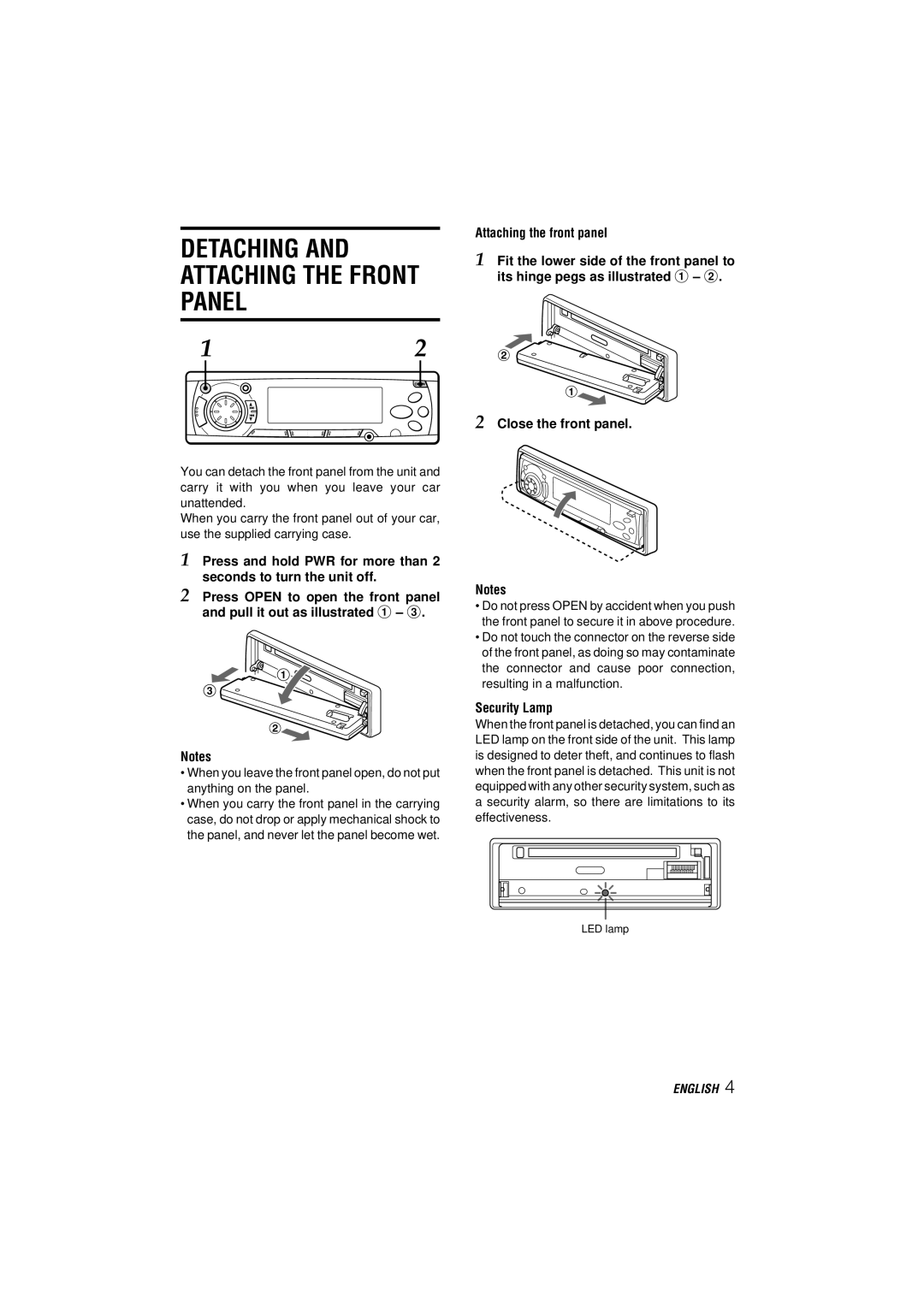 Aiwa CDC-MP3 manual Detaching and Attaching the Front Panel, Close the front panel, Security Lamp 