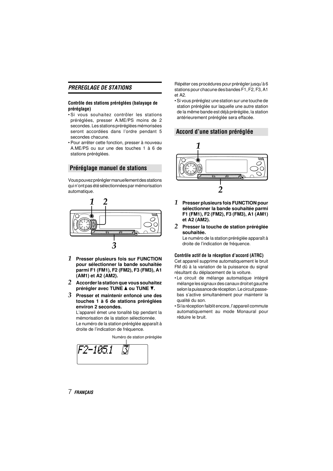 Aiwa CDC-MP3 Préréglage manuel de stations, Accord d’une station préréglée, Contrôle actif de la réception d’accord Atrc 