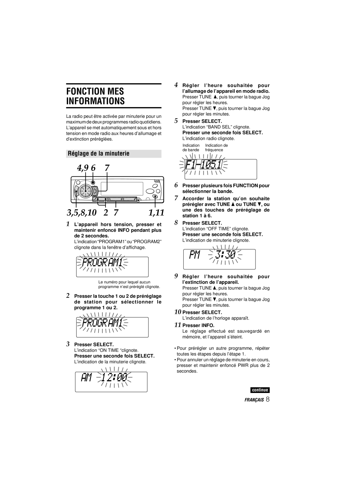 Aiwa CDC-MP3 manual Fonction MES Informations, Réglage de la minuterie, Presser une seconde fois Select, Presser Info 