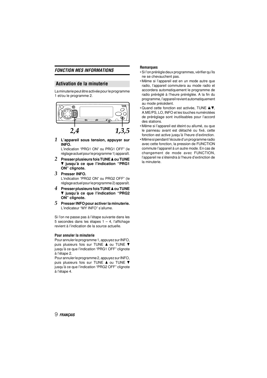 Aiwa CDC-MP3 manual Activation de la minuterie, ’appareil sous tension, appuyer sur Info, Pour annuler la minuterie 