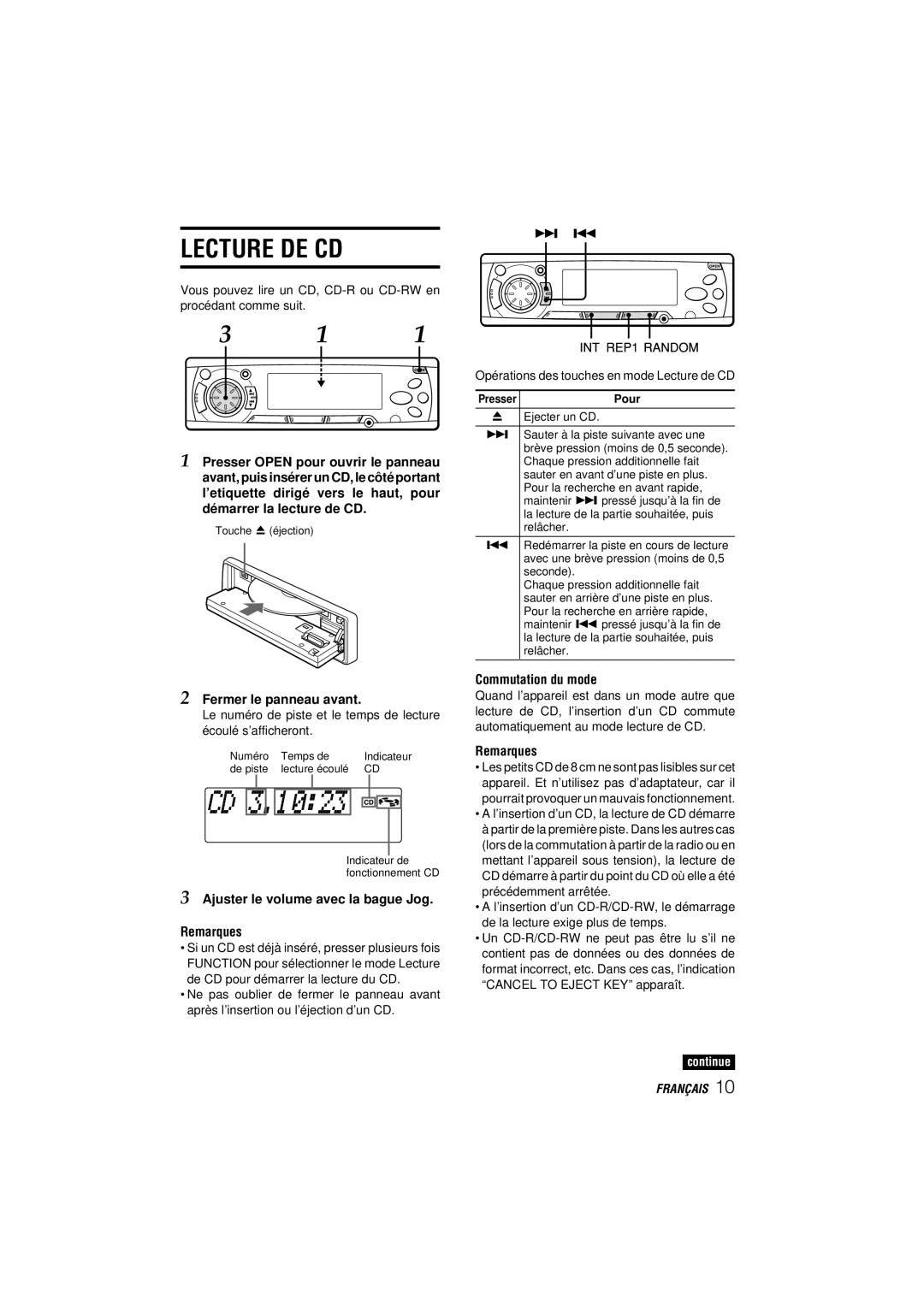 Aiwa CDC-MP3 manual Lecture DE CD, Ajuster le volume avec la bague Jog Remarques, Commutation du mode 