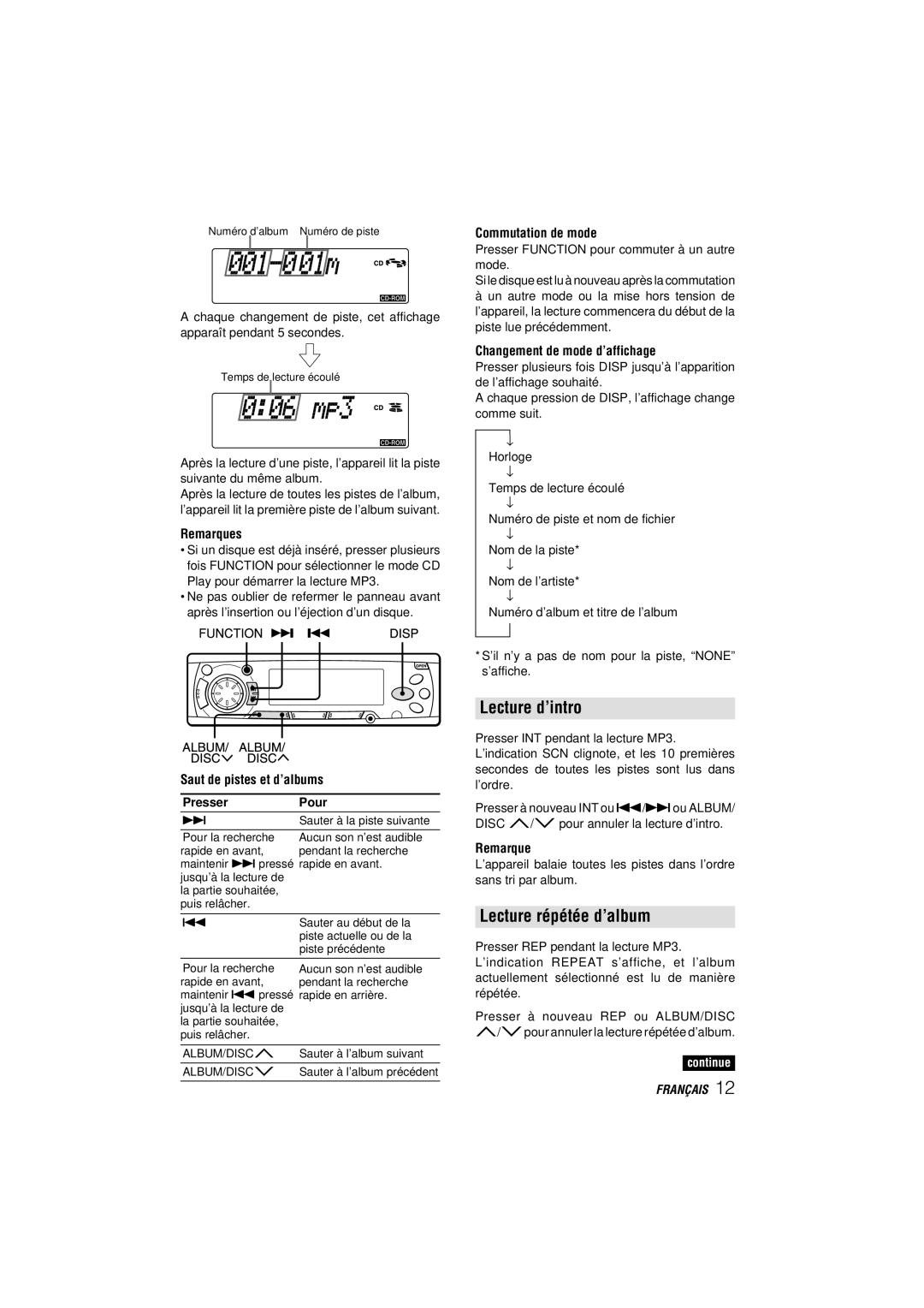 Aiwa CDC-MP3 manual Lecture répétée d’album, Saut de pistes et d’albums PresserPour, Commutation de mode 