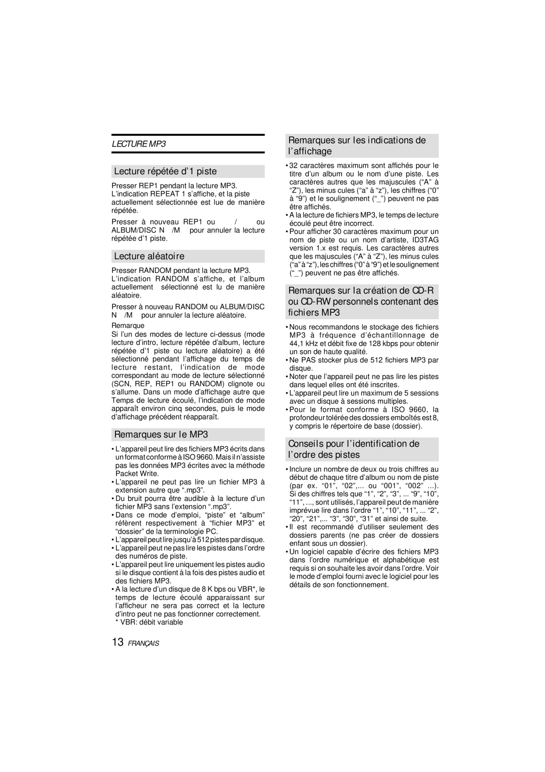 Aiwa CDC-MP3 manual Lecture répétée d’1 piste, Remarques sur le MP3, Remarques sur les indications de ’affichage 