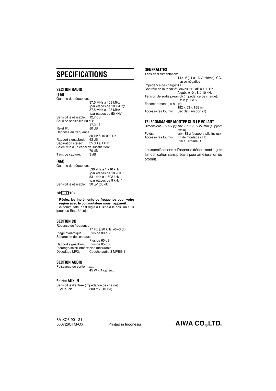 Aiwa CDC-MP3 manual Section Audio Puissance de sortie max, Entrée AUX 