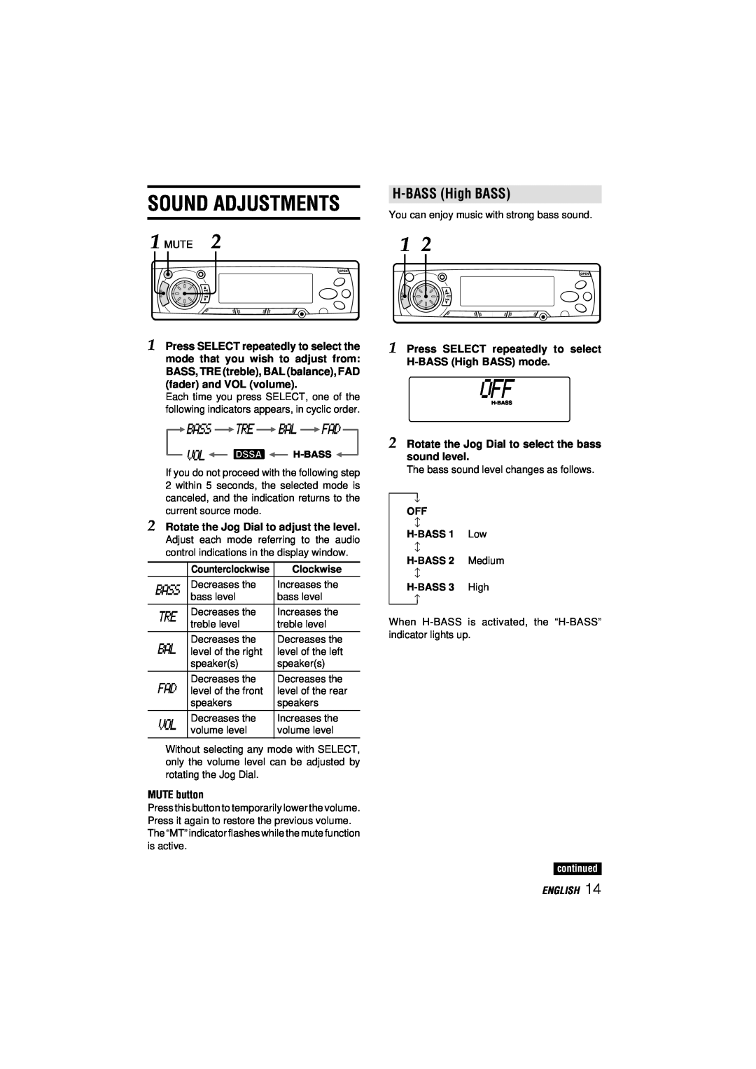 Aiwa CDC-MP3 manual Sound Adjustments, H-BASSHigh BASS, continued, English 
