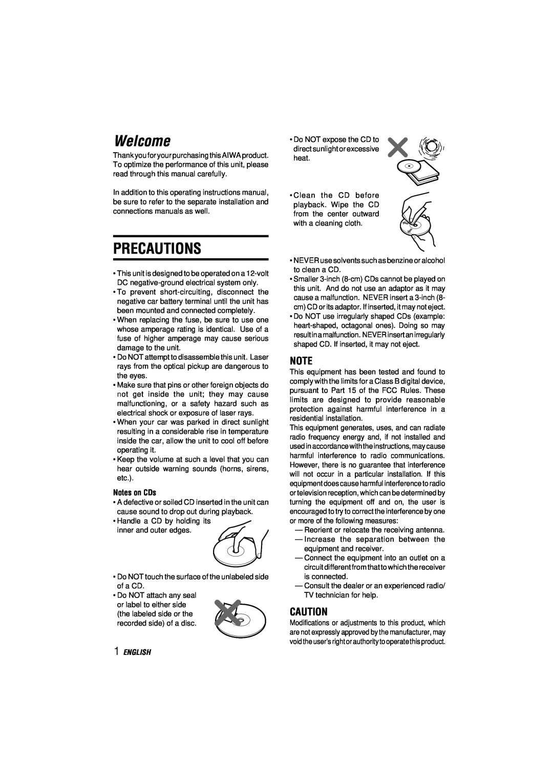 Aiwa CDC-MP3 manual Welcome, Precautions, English 