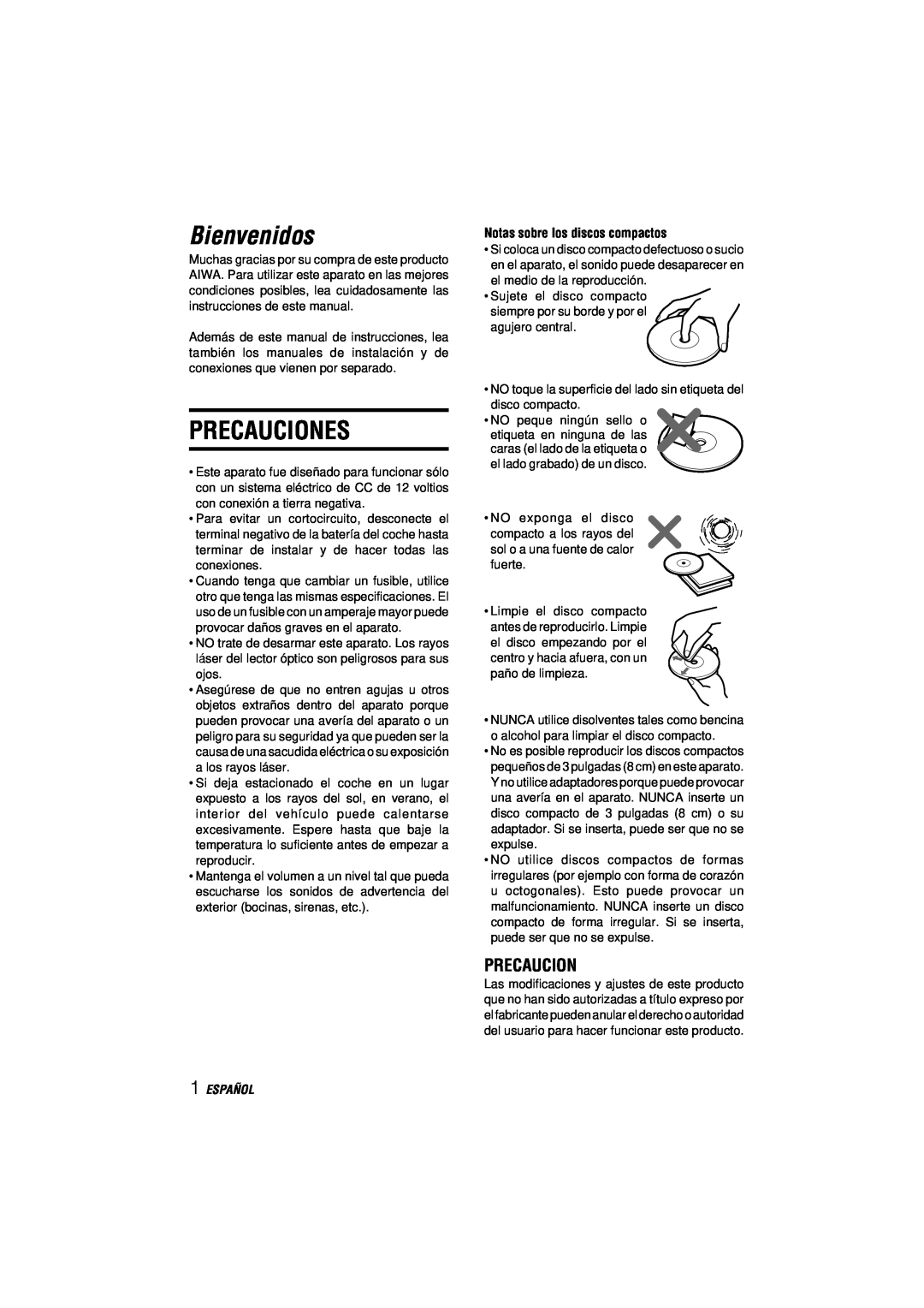 Aiwa CDC-MP3 manual Bienvenidos, Precauciones, Español 