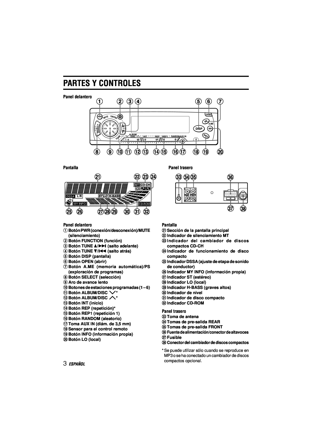Aiwa CDC-MP3 manual Partes Y Controles, Español 