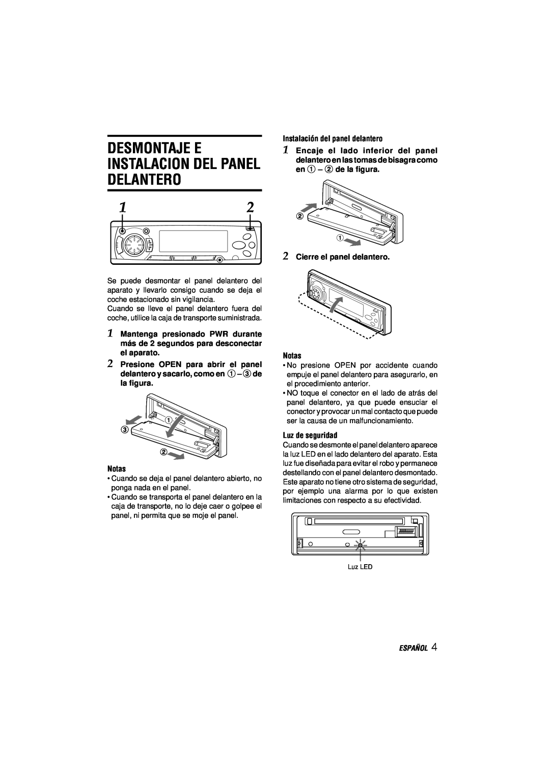 Aiwa CDC-MP3 manual Desmontaje E Instalacion Del Panel Delantero, Instalación del panel delantero, Notas, Luz de seguridad 