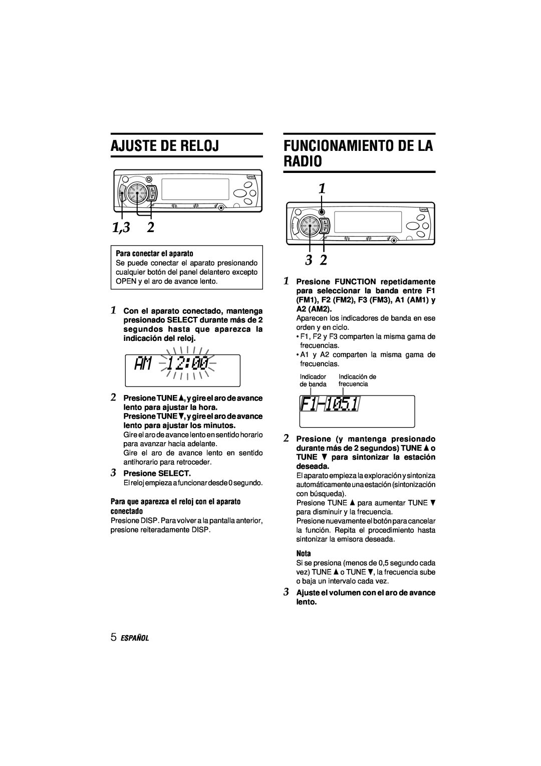 Aiwa CDC-MP3 manual Ajuste De Reloj, Radio, Funcionamiento De La, Español 
