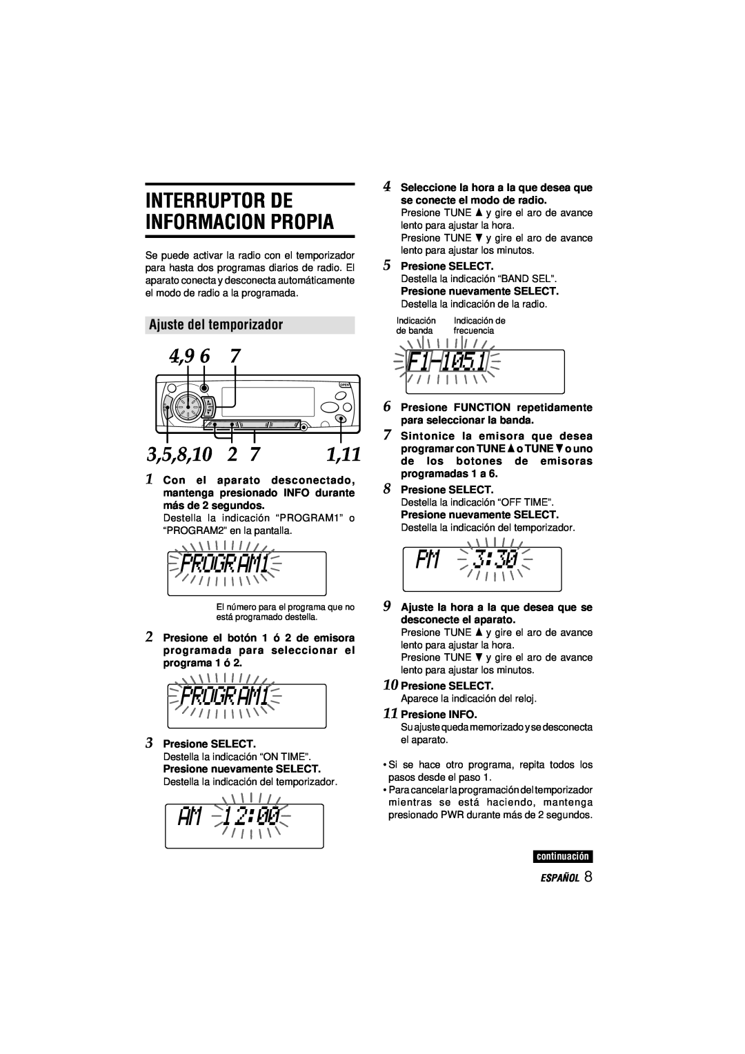 Aiwa CDC-MP3 manual Interruptor De Informacion Propia, Ajuste del temporizador, continuación, Español 