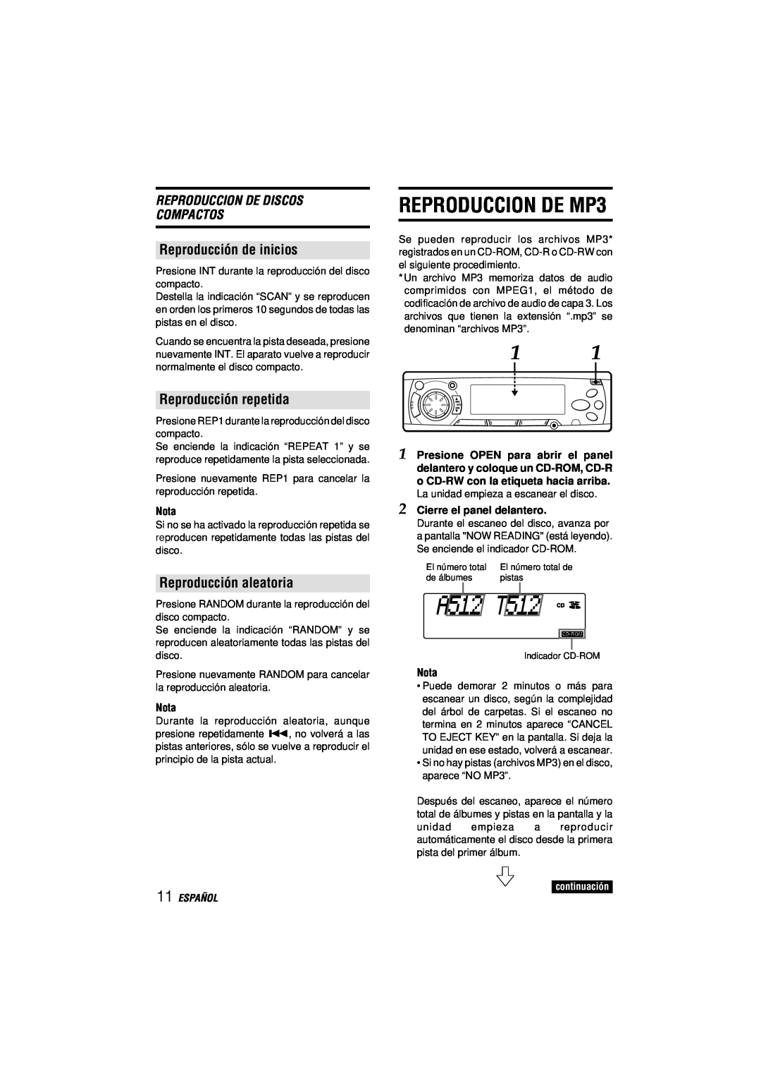 Aiwa CDC-MP3 manual REPRODUCCION DE MP3, Reproducción de inicios, Reproducción repetida, Reproducción aleatoria, Español 