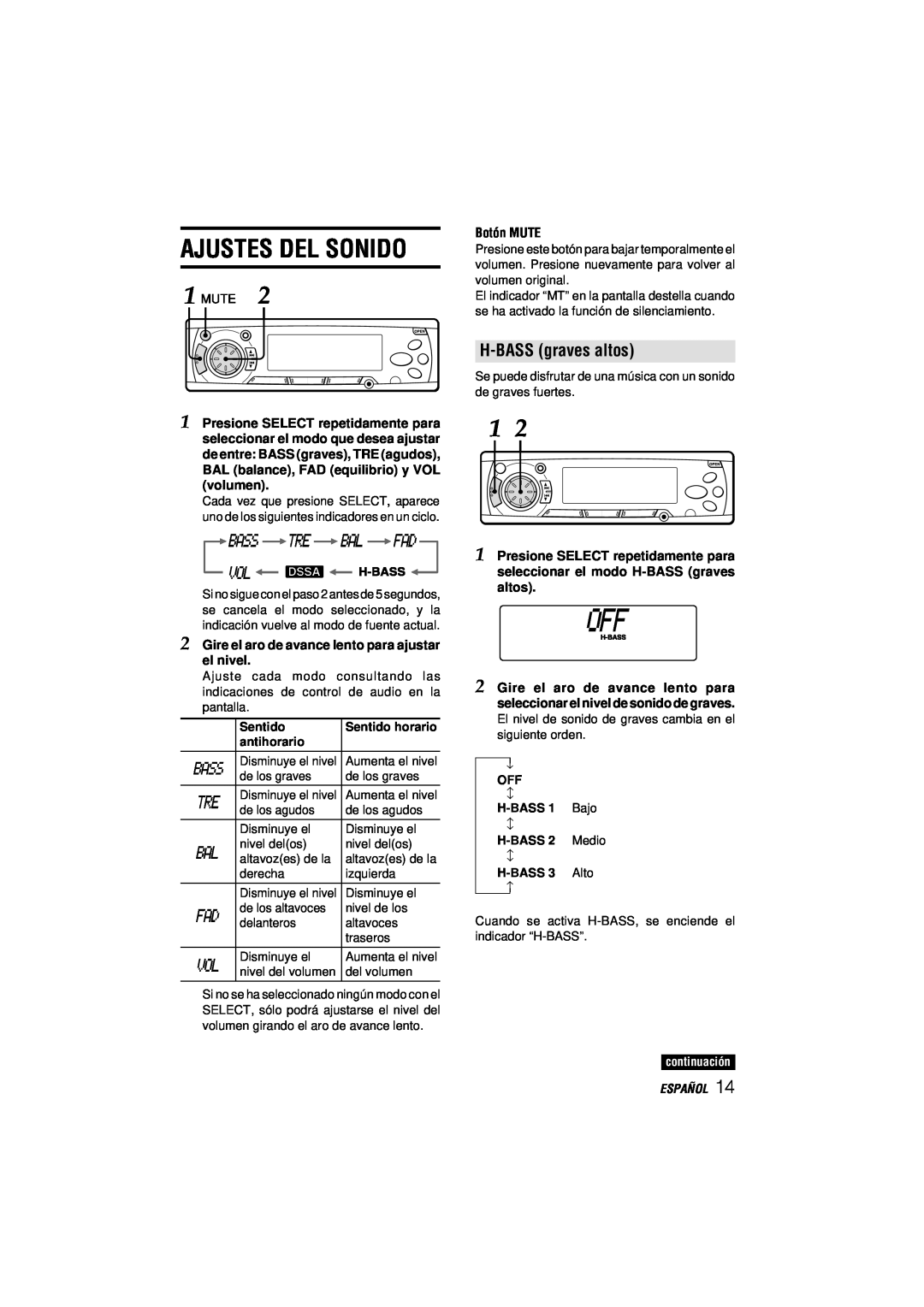 Aiwa CDC-MP3 manual Ajustes Del Sonido, H-BASSgraves altos, continuación, Español 
