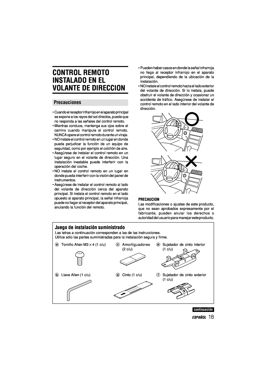 Aiwa CDC-MP3 manual Control Remoto, Instalado En El Volante De Direccion, Precauciones, Juego de instalación suministrado 