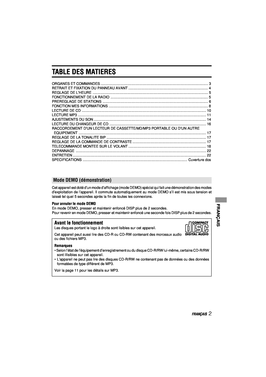 Aiwa CDC-MP3 manual Table Des Matieres, Mode DEMO démonstration, Avant le fonctionnement, Français 